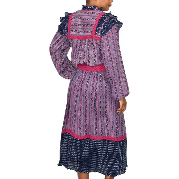 Vintage Mosaic Midi Dress Purple Mix Print Sheer Chiffon Blouson Peasant Medium - Picture 3 of 16